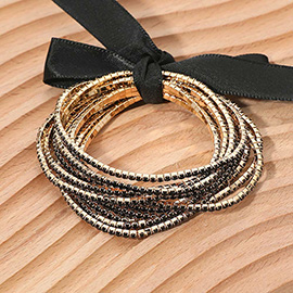 12PCS - Ribbon Slim Rhinestone Stretch Multi Layered Bracelet