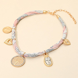 Tree of Life Medal Accent Mixed Charm Station Fabric Scarf Necklace