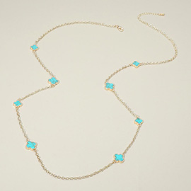14K Gold Plated Turquoise Quatrefoil Motif Station Long Necklace