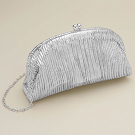 Faux Leather Metallic Pleated Half Moon Shape Evening Clutch Crossbody Bag