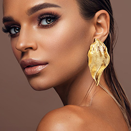 Bold Hammered Metal Sculpted Organic Leaf Drop Statement Earrings