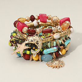 10PCS - Boho Dolphin Star Sun Charm Various Beaded Stretch Multi Layered Bracelets