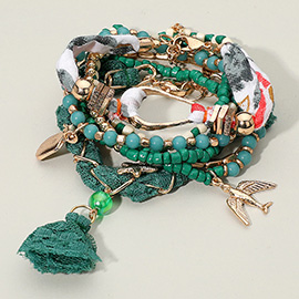 7PCS - Boho Bird Starfish Lace Tassel Charm Beaded Stretch Multi Layered Bracelets