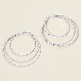 Silver Dipped Textured Triple Pin Catch Hoop Earrings