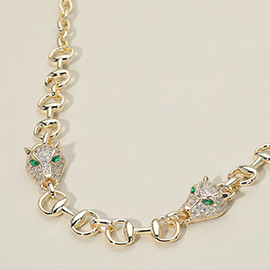 14K Gold Plated CZ Stone Paved Leopard Panther Head Accent Necklace