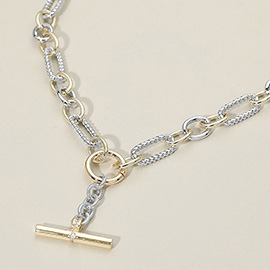 14K Gold Plated Two Tone CZ Stone Paved Toggle Pendant Chunky Chain Necklace