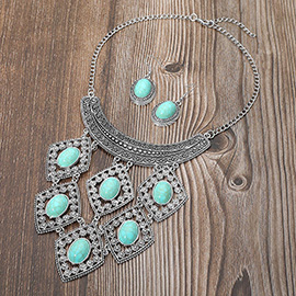 Bold Boho Vintage Inspired Oval Stone Ornate Statement Necklace