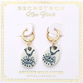 SECRET BOX_Genuine Gold Dipped Evil Eye Symbol Ceramic Teardrop Dangle Huggie Earrings