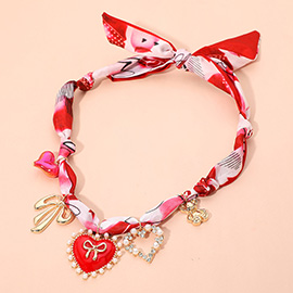 Heart Bow Teddy Bear Charm Station Valentine Fabric Scarf Necklace