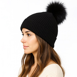 Genuine Fox Fur Pom Pom Ribbed Knit Winter Beanie Hat