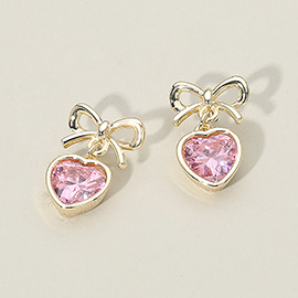 14K Gold Plated Bow Top Heart CZ Stone Bezel Drop Dangle Earrings