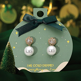 14K Gold Dipped Rhinestone Paved Cluster Pearl Drop Dangle Earrings