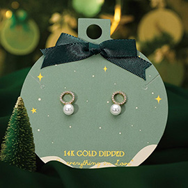 14K Gold Dipped Stone Paved Open Circle Pearl Drop Earrings