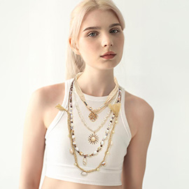 Boho Pearl Accent Sunburst Shell Tassel Charm Embellished Braided Beaded Multi Layered Necklace