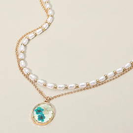 Floral Resin Pendant Pearl Metal Chain Layered Necklace