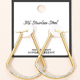 SECRET BOX_Stainless Steel Rhinestone Paved Teardrop Pin Catch Hoop Earrings