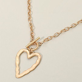 Hammered Metal Open Heart Toggle Pendant Necklace