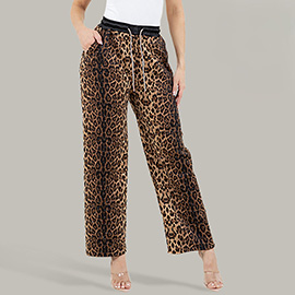 Rhinestone Studded Leopard Print Drawstring Wide Leg Pants