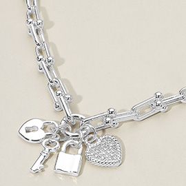 14K Gold Plated CZ Stone Paved Heart Key Lock Charm Industrial Link Chain Necklace