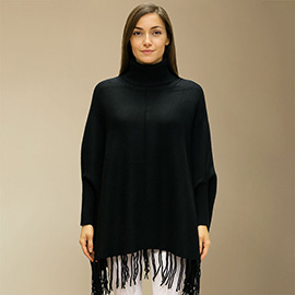 Cozy Turtleneck Fringe Hem Poncho