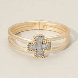 CZ Stone Paved Bubble Rim Cross Accent Hinged Bangle Bracelet