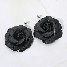 Elegant Faux Leather Rose Bloom Drop Dangle Earrings