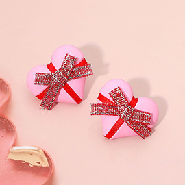 Gift Ribbon Wrapped Polymer Heart Stud Earrings