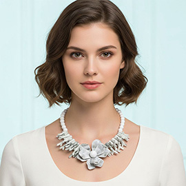 Bold Marbled Resin Flower Centerpiece Sculpted Coral Beaded Statement Necklace