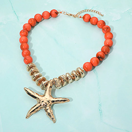 Bold Texture Metal Starfish Pendant Accent Beaded Statement Necklace