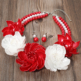 Bold Pearly Petal Floral Link Triple Pearl Strand Statement Necklace