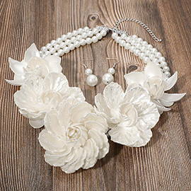 Bold Pearly Petal Floral Link Triple Pearl Strand Statement Necklace