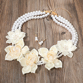 Pearly Floral Link Triple Pearl Strand Statement Necklace