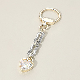 14K Gold Plated Two Tone Heart CZ Stone Drop Keychain Bag Charm