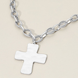 Brushed Metal Cross Pendant Chunky Chain Necklace