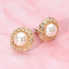 Round Pearl Center Metal Braided Frame Clip On Earrings