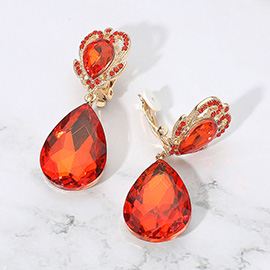 Ornate Top Faceted Teardrop Stone Dangle Clip On Evening Earrings
