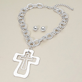 Bold Double Layered Cross Pendant Accent Chunky Chain Statement Necklace