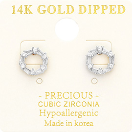 14K Gold Dipped CZ Embellished Open Circle Stud Earrings