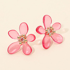 Round Center Stone Accent Transparent Resin Petal Flower Earrings