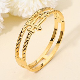 Stainless Steel Sculptural Interlock Accent Double Row Hinged Bangle Bracelet