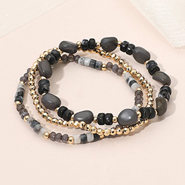 3PCS - Resin Pebble Metal Ball Beaded Stretch Multi Layered Bracelets
