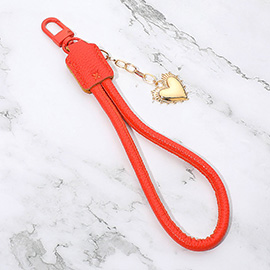 Heart Charm Drop Faux Leather Wristlet Keychain Bag Charm