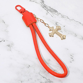 Cross Charm Drop Faux Leather Wristlet Keychain Bag Charm