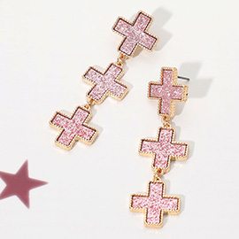 Triple Tiered Link Sparkle Cross Drop Earrings