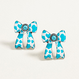 Oval Turquoise Stone Center Animal Pattern Print Western Bow Earrings