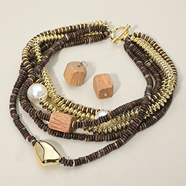 Chunky Pearl Wooden Cube Metal Pebble Accent Multi Disc Beaded Layered Toggle Statement Necklace