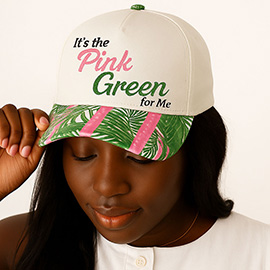 PINK GREEN Message Embroidered Palm Tree Pattern Printed Brim Baseball Cap