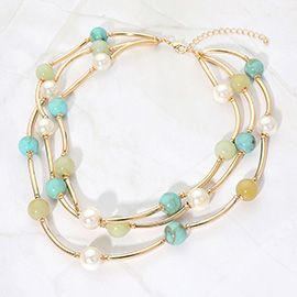 Resin Ball Pearl Metal Bar Beaded Double Strand Necklace