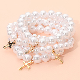 5PCS - Metal Cross Charm Pearl Beaded Stretch Multi Layered Bracelets