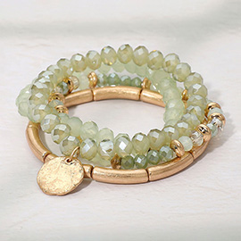 4PCS - Hammered Metal Disc Charm Accent Faceted Beaded Stretch Multi Layered Bracelets